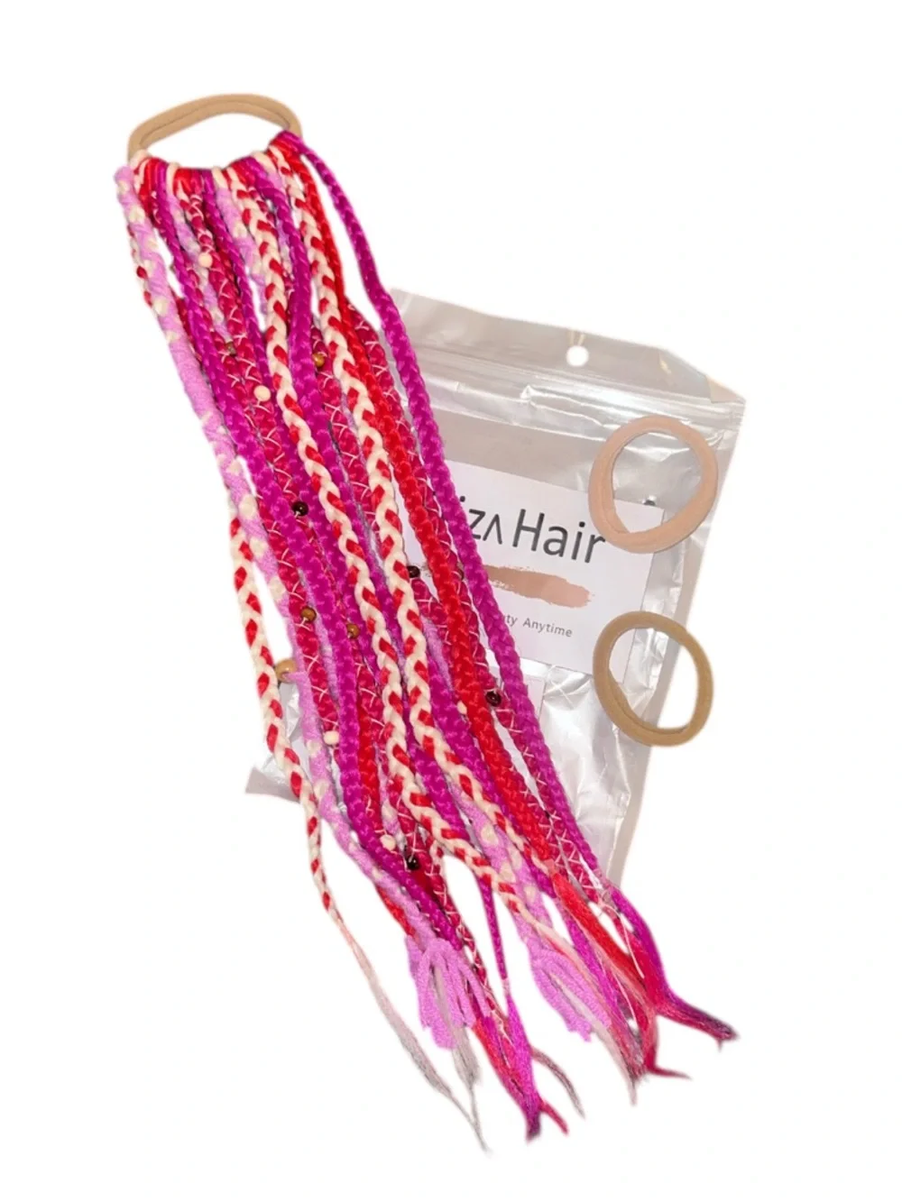 Boho Braided Ponytail Hair Extensions with Beads, Festival Pink Blend